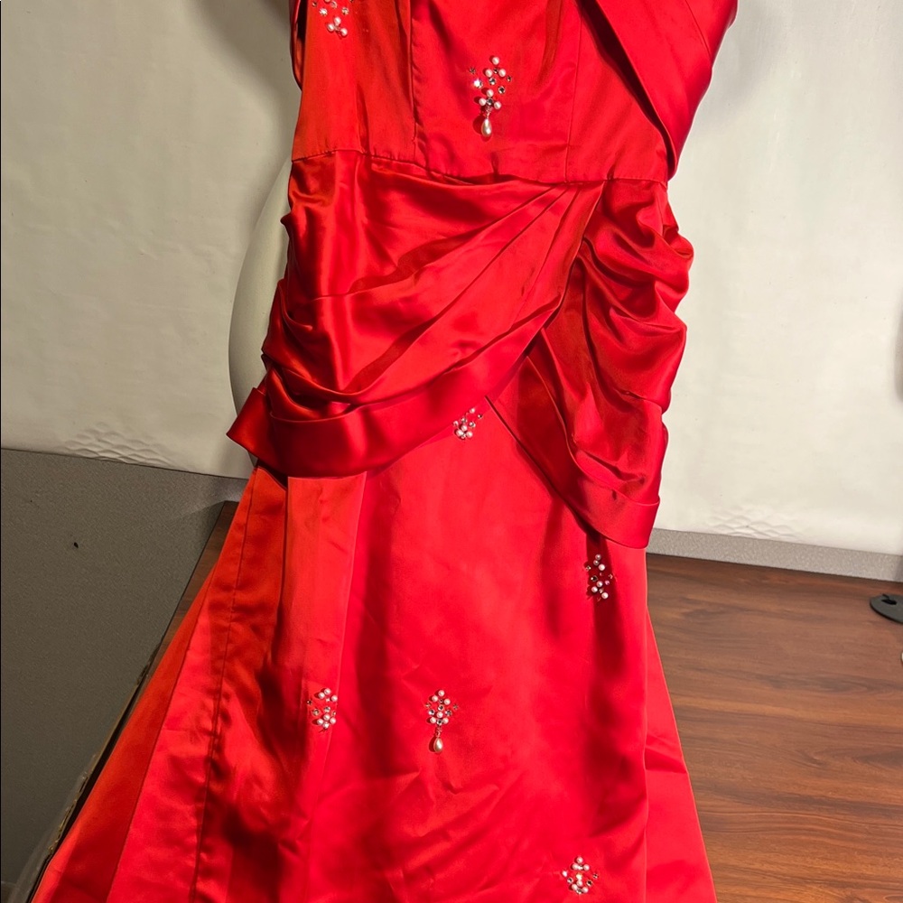 Vintage, custom 1960, red satin beaded spaghetti strap, party dress, 1 of a kind